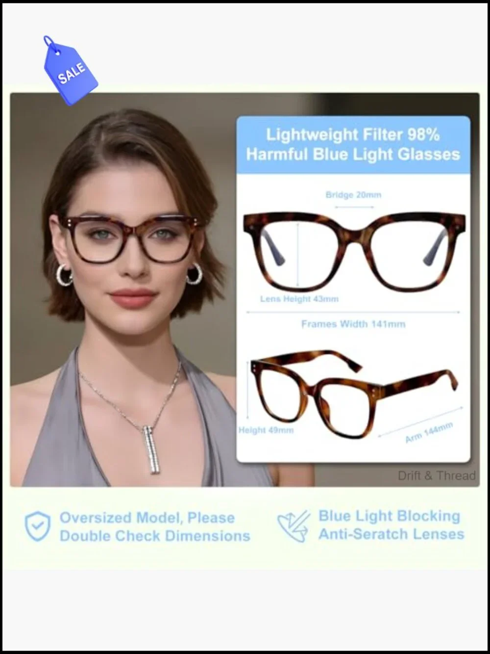 3-Pack Blue Light Glasses Oversized TR90 Anti-Glare UV400